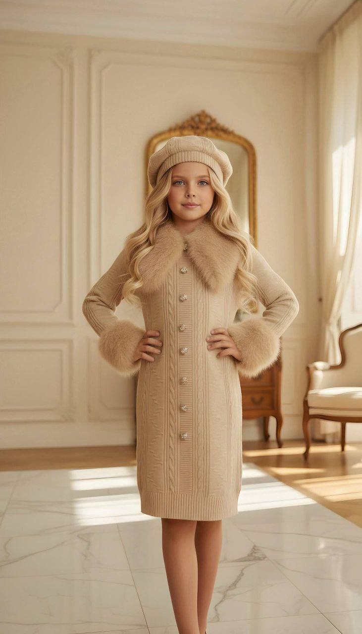 Luxury Winter Knit Beige Dress With Faux Fur - Kids Girls (4-13Y)