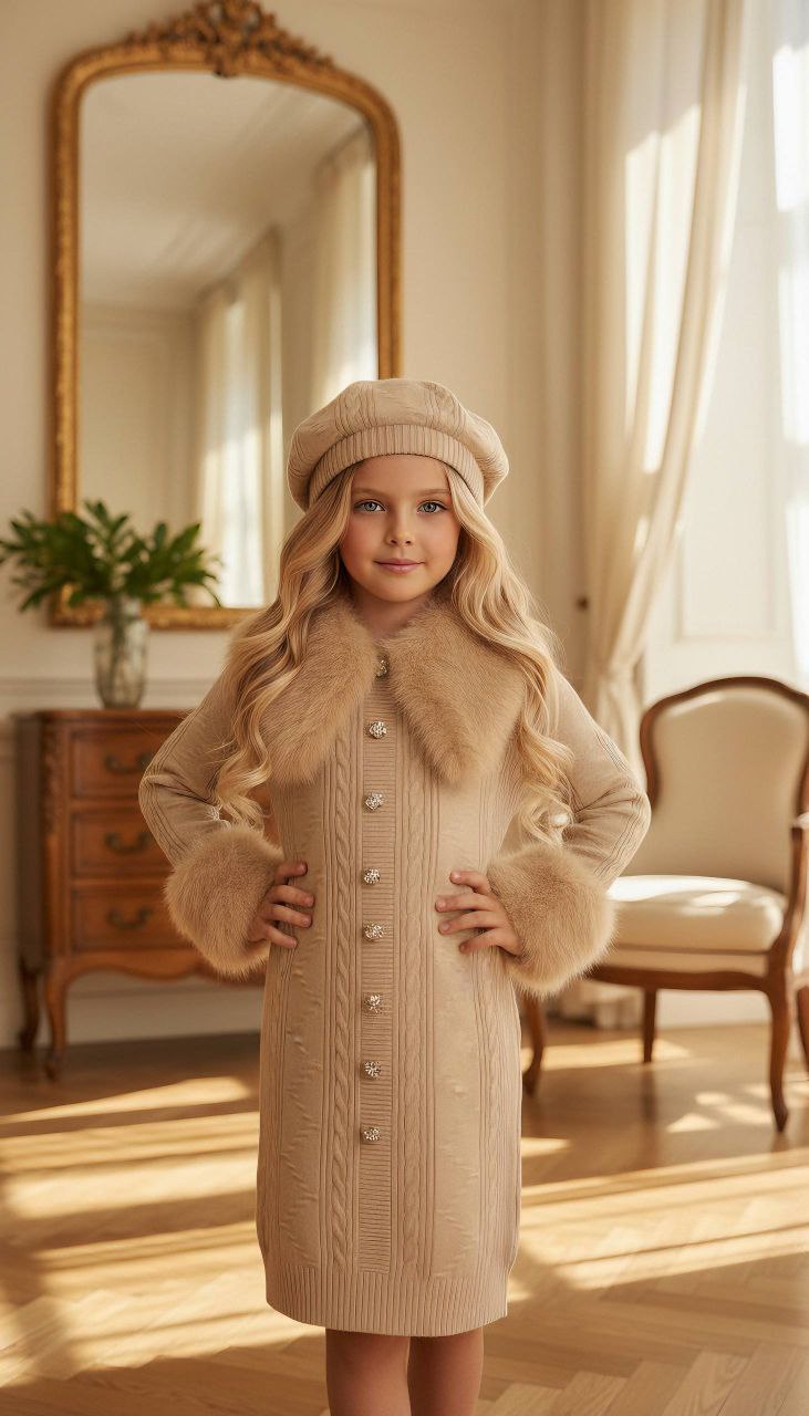 Luxury Winter Knit Beige Dress With Faux Fur - Kids Girls (4-13Y)