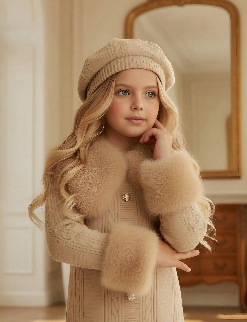 Luxury Winter Knit Beige Dress With Faux Fur - Kids Girls (4-13Y)