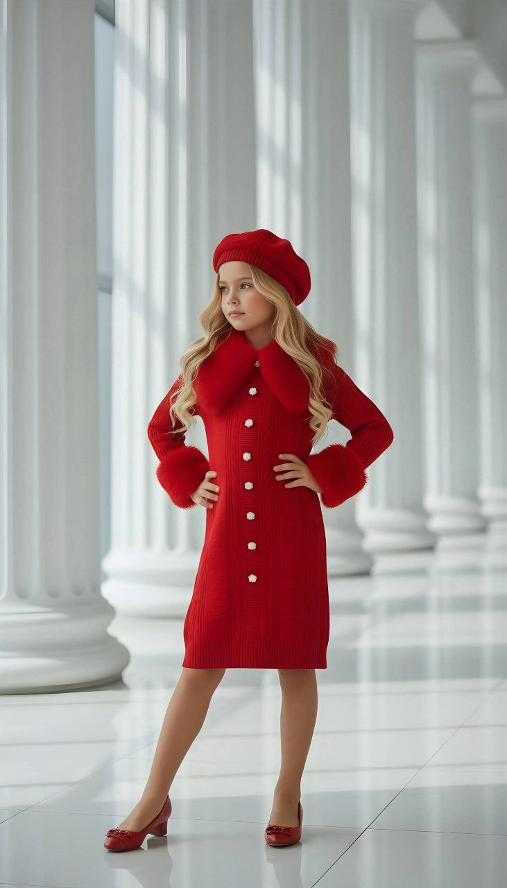 Luxury Winter Knit Red Dress With Faux Fur - Kids Girls (4-13Y)