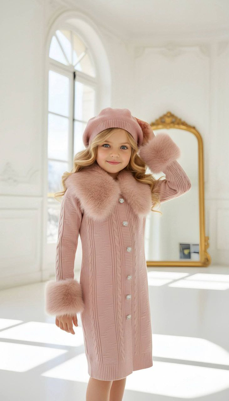 Luxury Winter Knit Pink Dress With Faux Fur - Kids Girls (4-13Y)