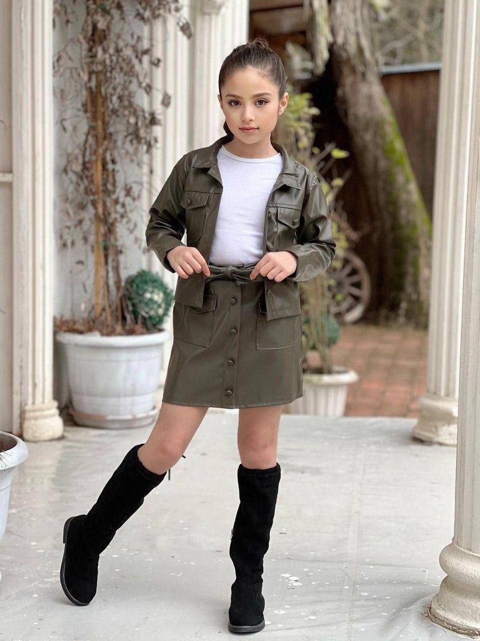 Girls Faux Leather green Jacket and Skirt Set - Kids Girls (3-12Y)