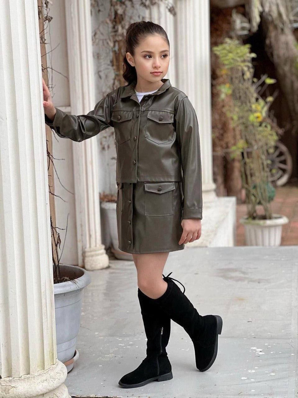 Girls Faux Leather green Jacket and Skirt Set - Kids Girls (3-12Y)