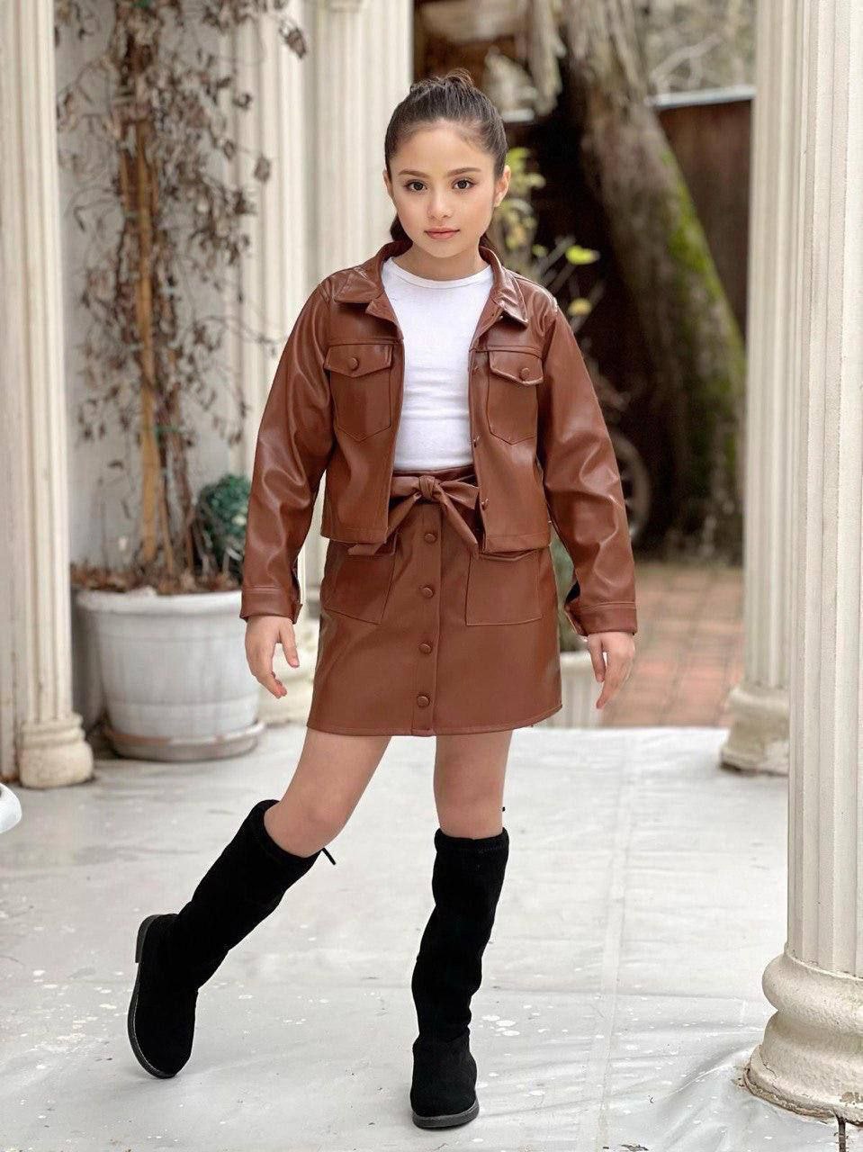 Girls Faux Leather Brown Jacket and Skirt Set - Kids Girls (3-12Y)