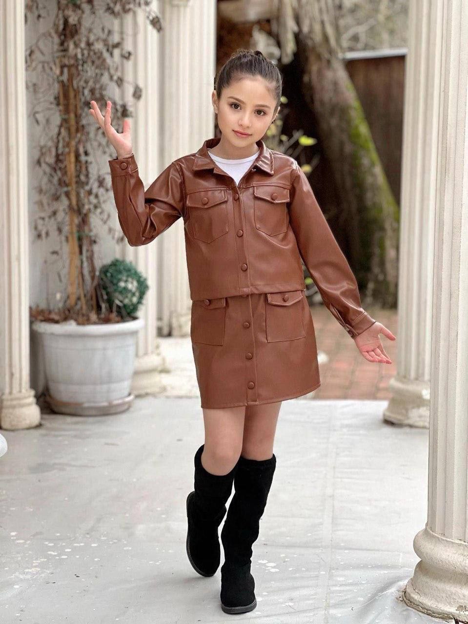 Girls Faux Leather Brown Jacket and Skirt Set - Kids Girls (3-12Y)