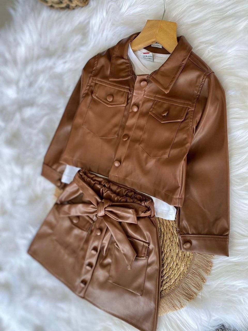 Girls Faux Leather Brown Jacket and Skirt Set - Kids Girls (3-12Y)