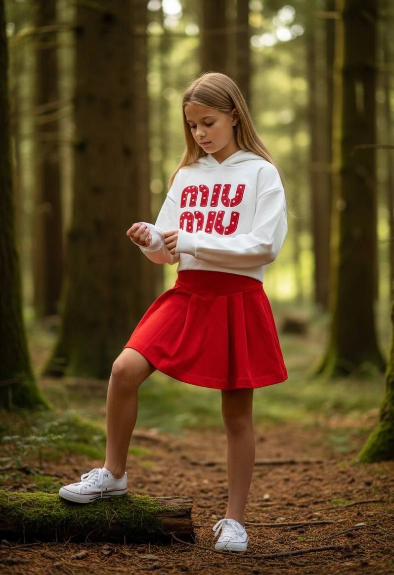 Miu Miu Girls White Hoodie and Red Skirt Set- Kids Girls (4-12Y)