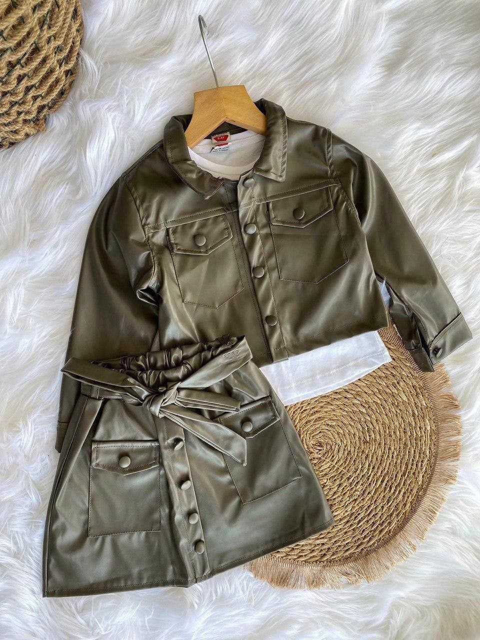 Girls Faux Leather green Jacket and Skirt Set - Kids Girls (3-12Y)