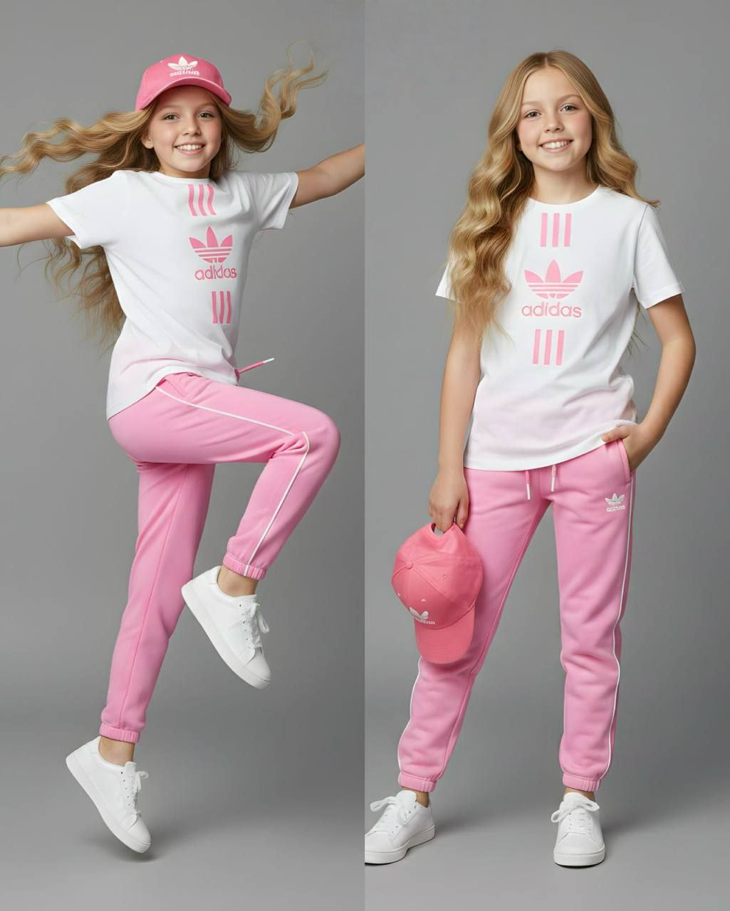 Adidas Pink 3 Pieces Kids Sporty Set – T-Shirt - Jogger Pants and Hat - Kids Girls (4-16Y)