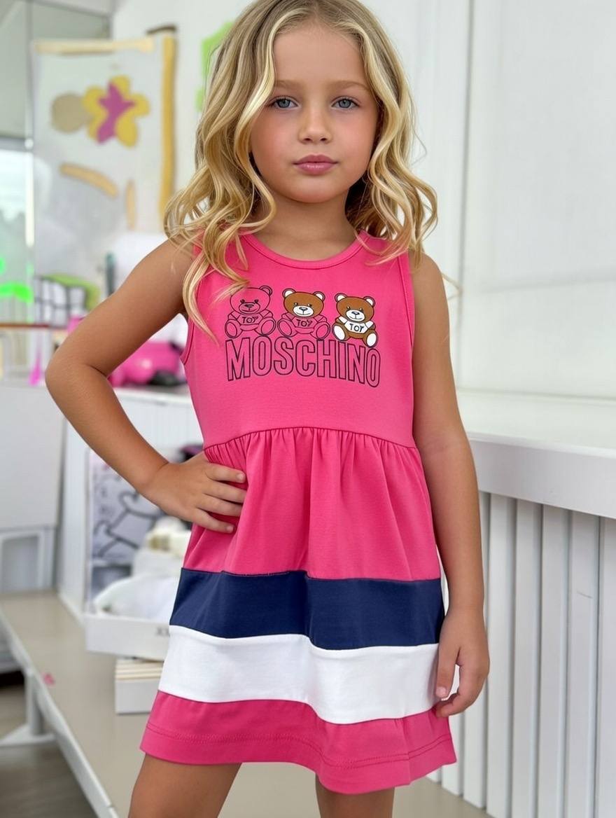Chic Moschino-Inspired Summer Stripe Dress Pink- Kids Girls (Age 2 -10Y)