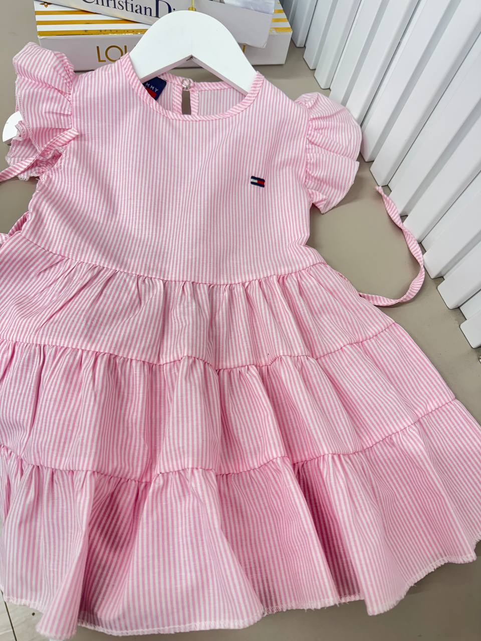 TOMMY Classic Striped Flutter-Sleeve Tier Pink Dress - Kids Girls (Age 2 -10Y)