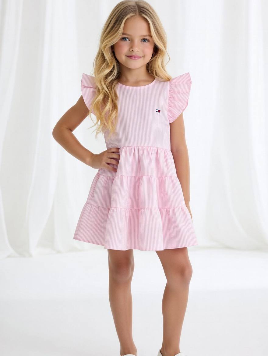 TOMMY Classic Striped Flutter-Sleeve Tier Pink Dress - Kids Girls (Age 2 -10Y)