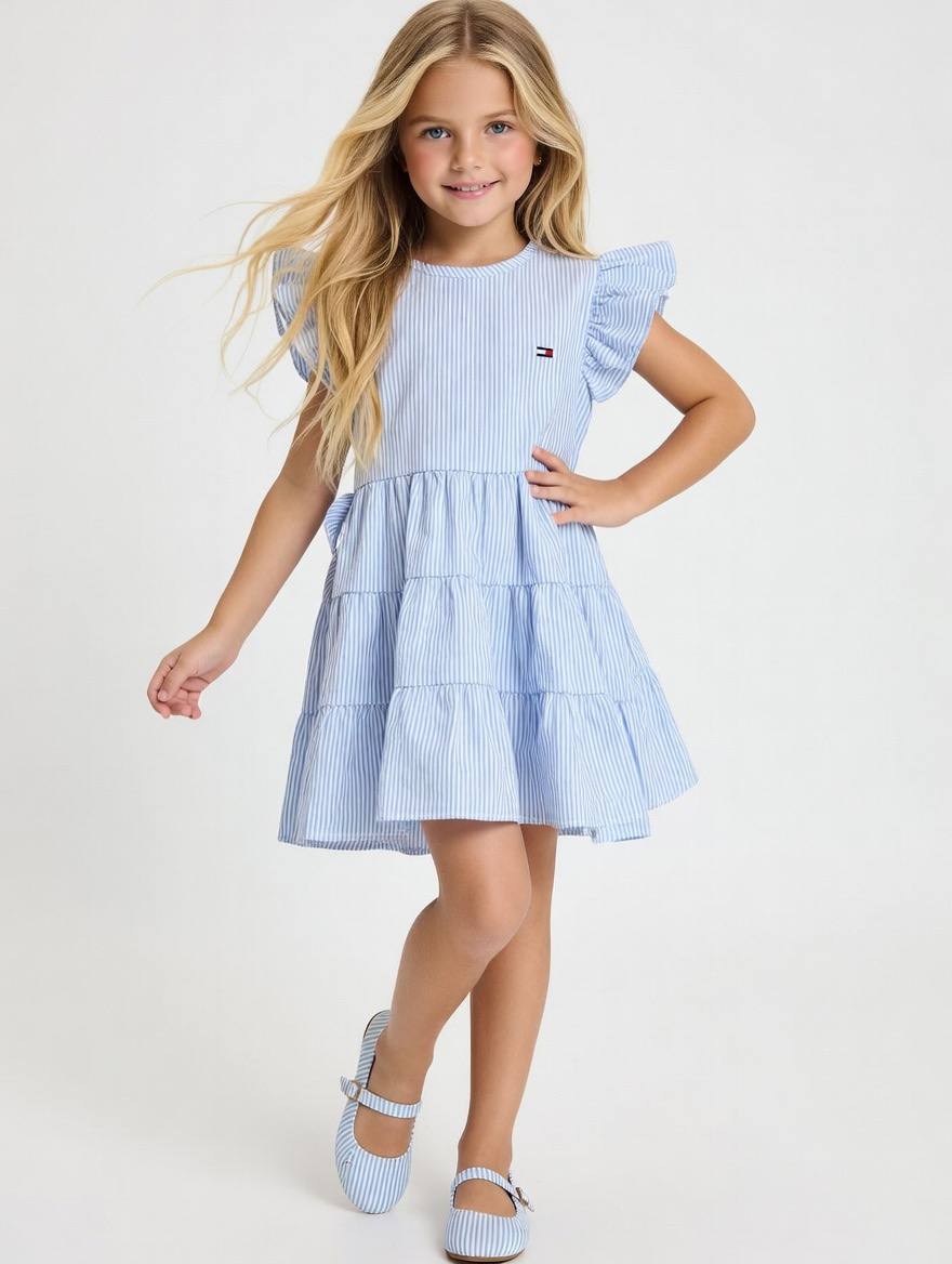 TOMMY Classic Striped Flutter-Sleeve Tier Blue Dress - Kids Girls (Age 2 -10Y)