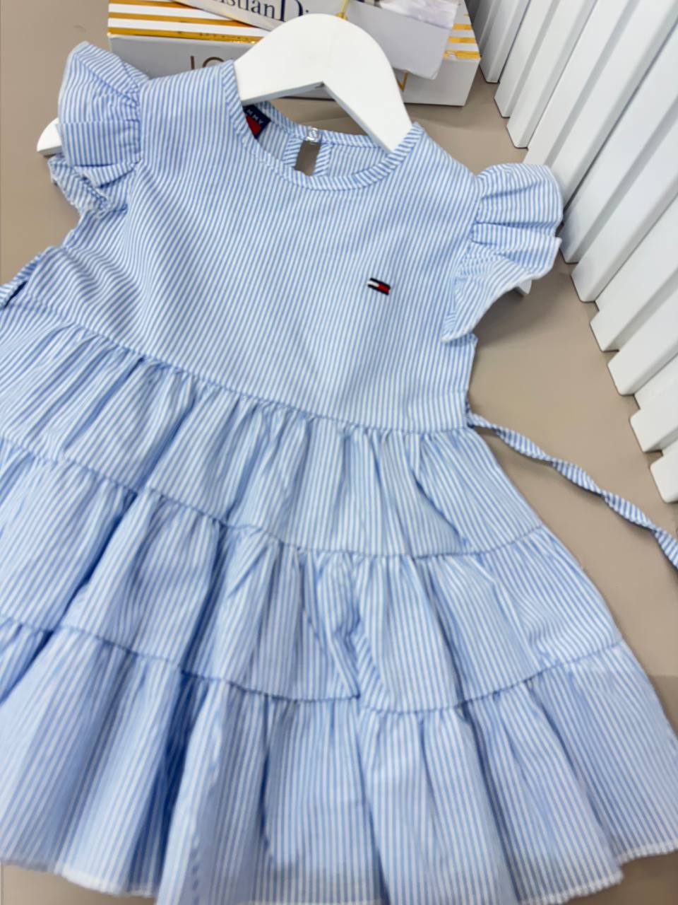 TOMMY Classic Striped Flutter-Sleeve Tier Blue Dress - Kids Girls (Age 2 -10Y)