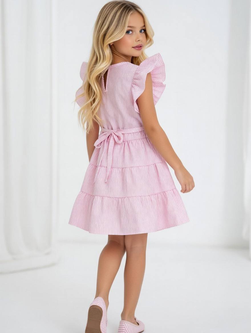 TOMMY Classic Striped Flutter-Sleeve Tier Pink Dress - Kids Girls (Age 2 -10Y)