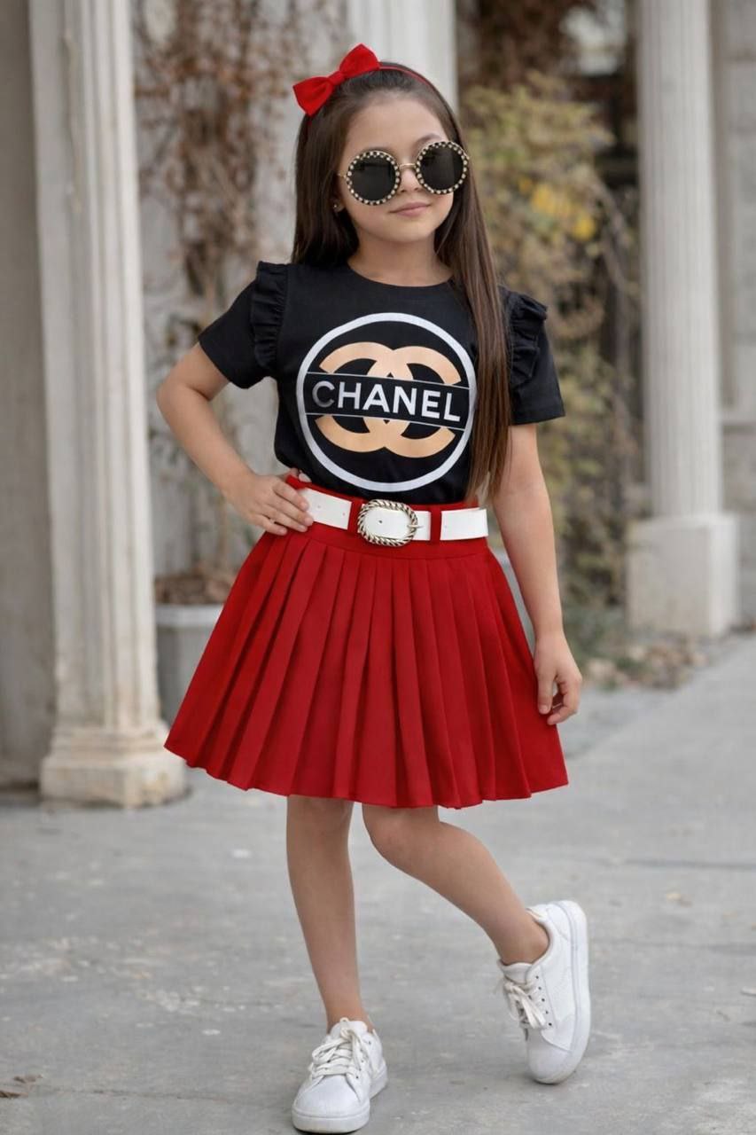 Channel Girls Stylish Pleated Skirt Set Red- Kids Girls (4 -14Y)