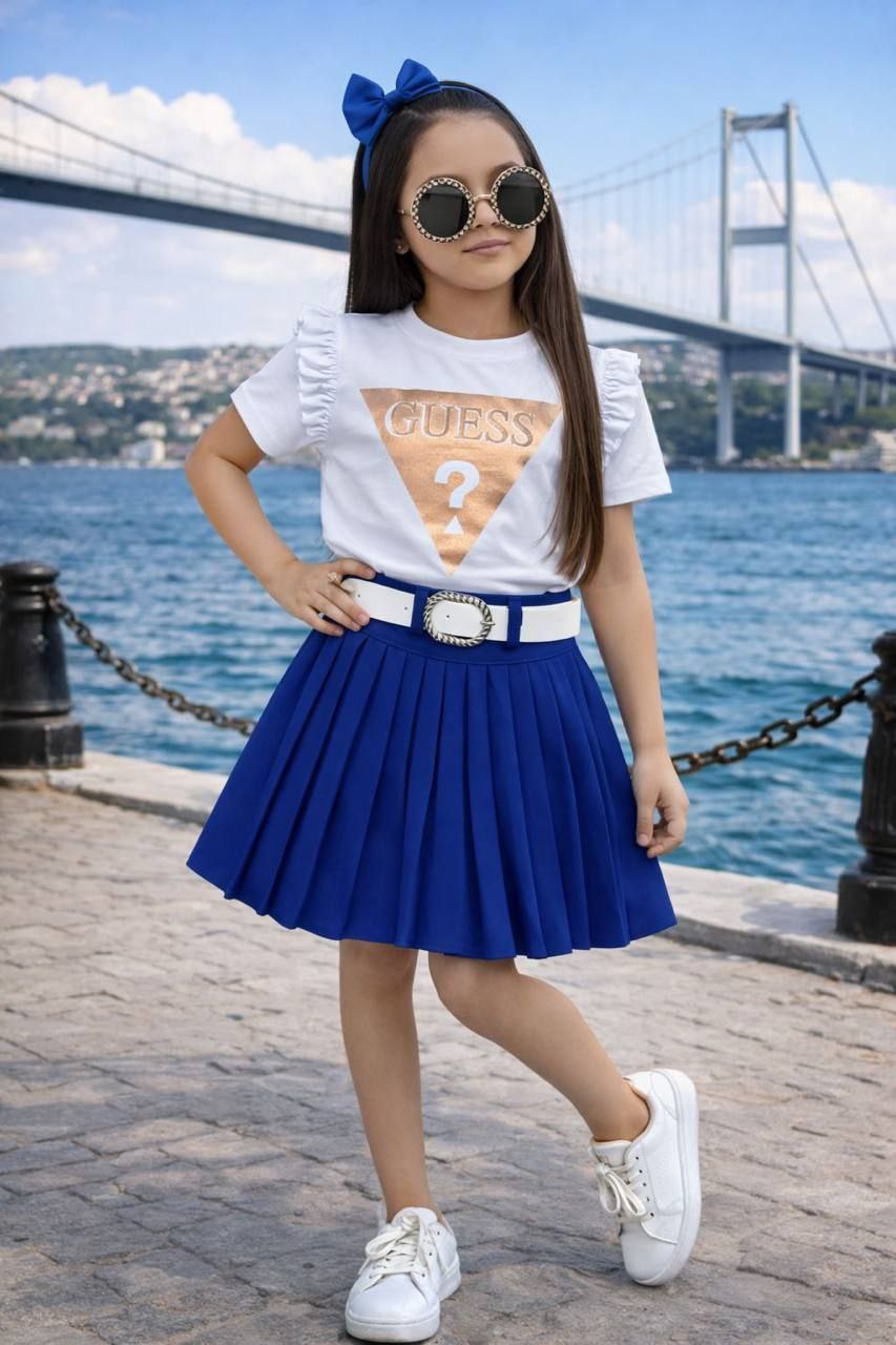 Guess Girls Stylish Pleated Skirt Set Navy- Kids Girls (4 -14Y)