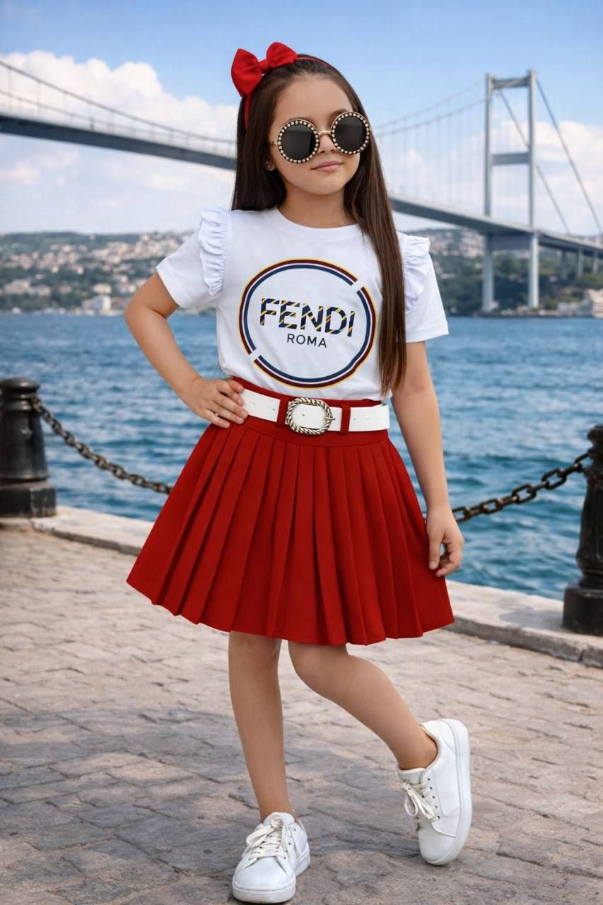 Fendi Girls Stylish Pleated Skirt Set Red- Kids Girls (4 -14Y)