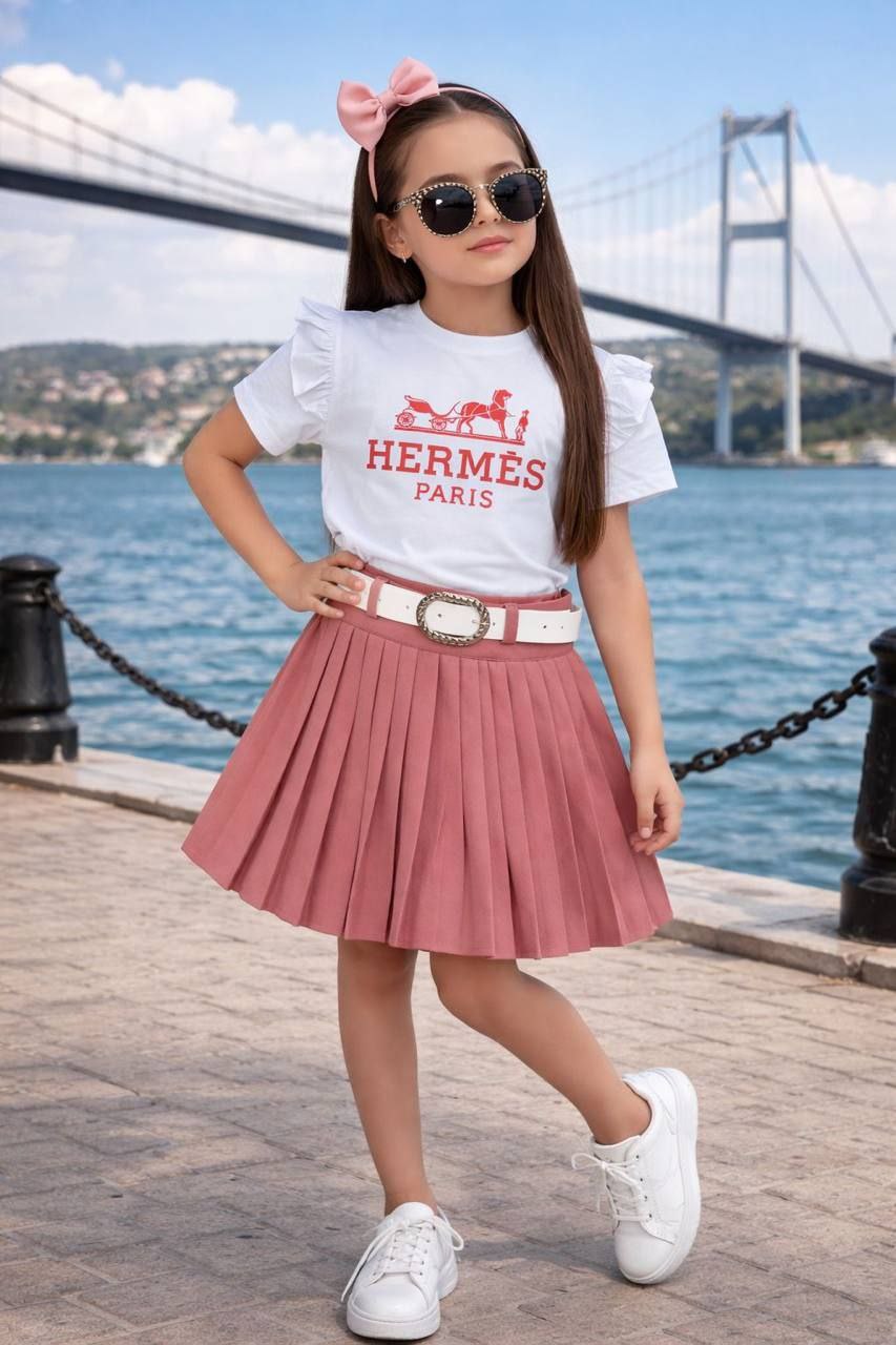 Hermes Girls Stylish Pleated Skirt Set Pink- Kids Girls (4 -14Y)