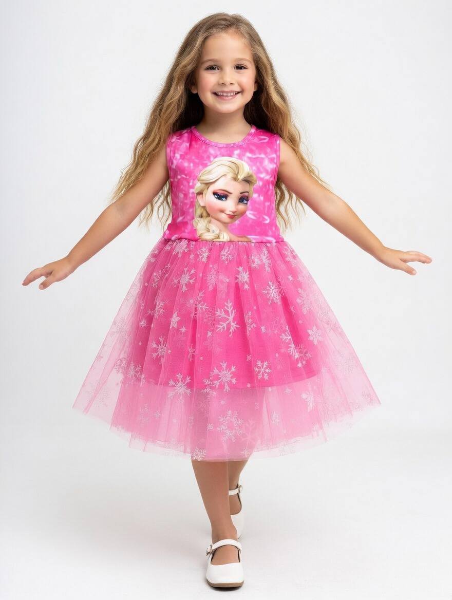 Frozen Pink Princess Snowflake Dress for Girls - Kids Girls (Age 3 -10Y)