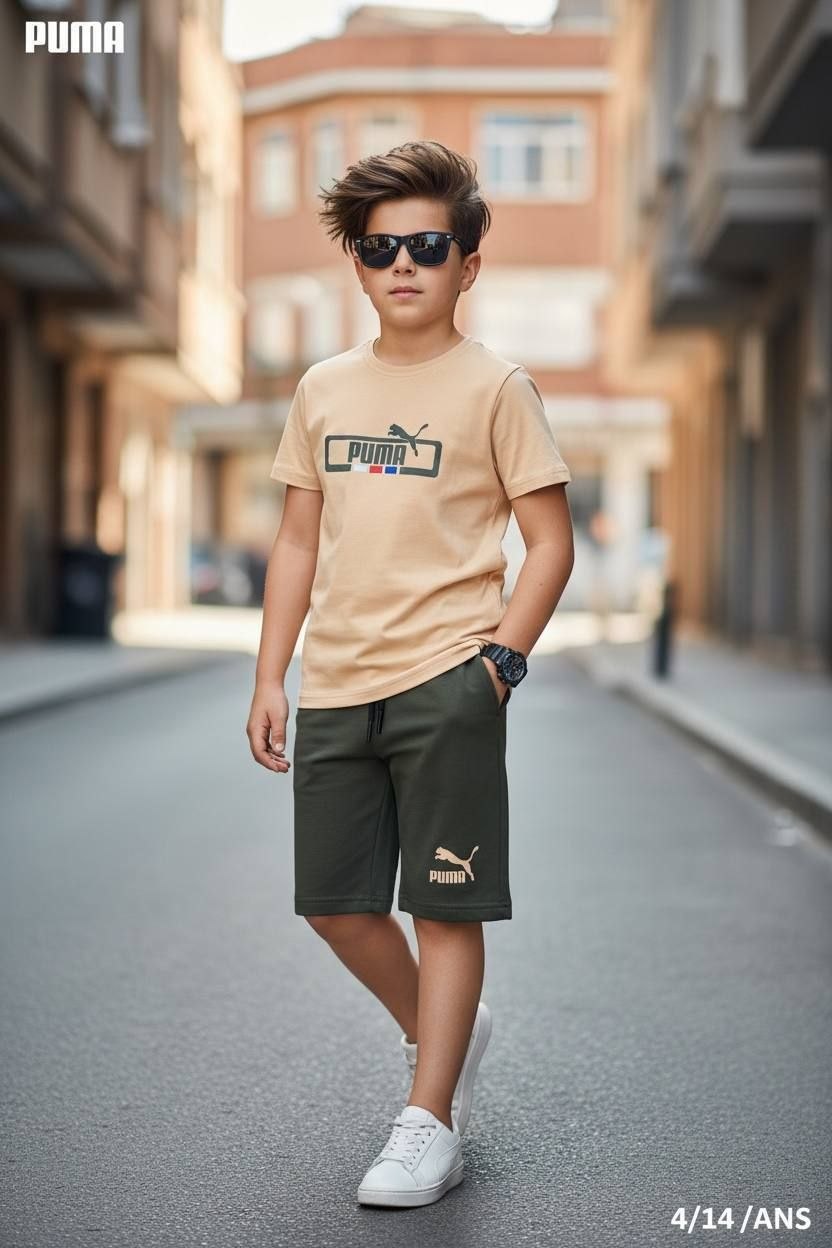 Puma Kids Active T-Shirt and Shorts Green Summer Set – Kids Boys (Ages 3 to 10)