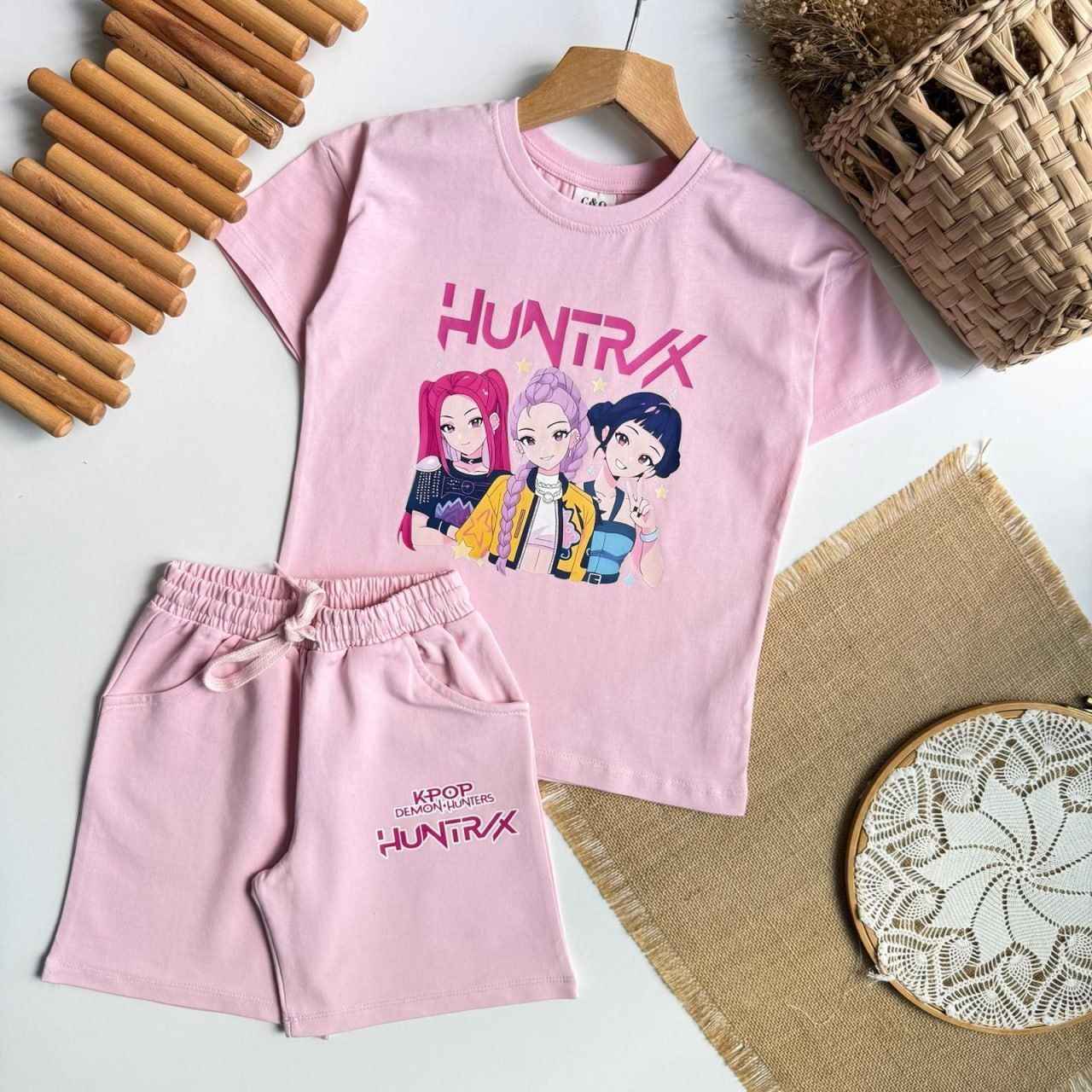 Huntrx K-Pop Kids Pink T-Shirt and Pink Shorts Set - Kids Girls (Age: 5-14Y)