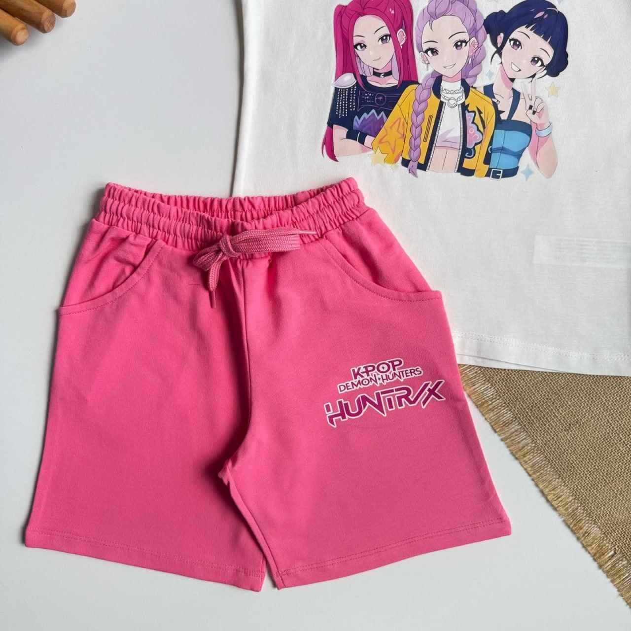 Huntrx K-Pop Kids beige T-Shirt and Pink Shorts Set - Kids Girls (Age: 5-14Y)