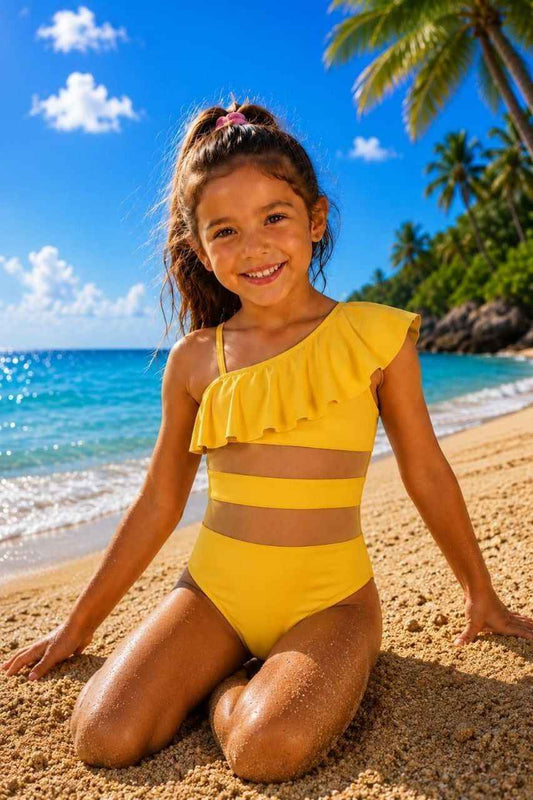 Girls Sunshine Yellow One-Shoulder Swimsuit- Kids Girls (Ages 3-12)