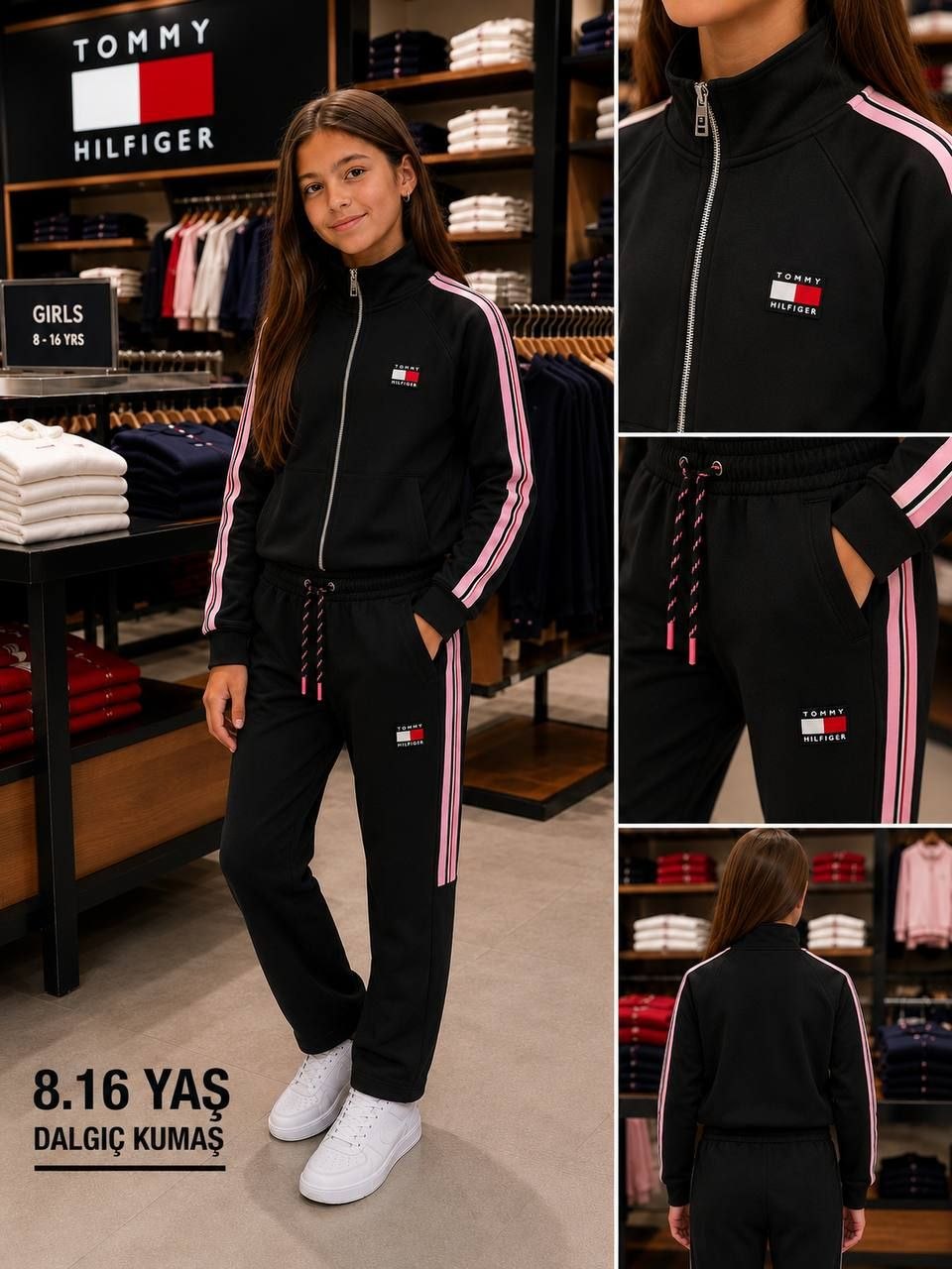 Girls Premium Black and Pink Zip-Up TH Tracksuit Set - Girls (8 -16Y)