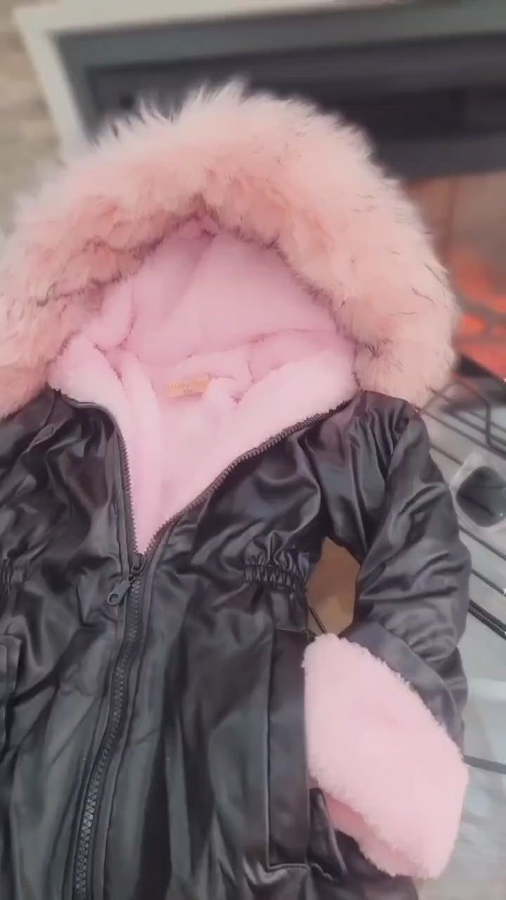 Girls’ Luxury Winter Leather Jacket with Pink Fur Hood - Kids Girls (5-13Y)